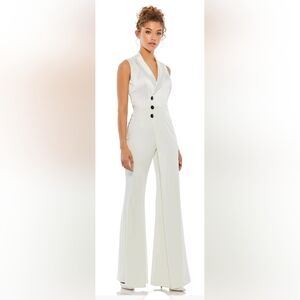 Mac Duggal 26603 Collar Neck Single Breasted Formal Jumpsuit NWT Size 0 White